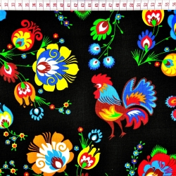 Baumwolle 100% Muster Hähne Łowickie schwarzer Hintergrund  