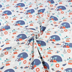 Baumwolle 100% Wale dunkelblau-rot auf grauem Hintergrund  