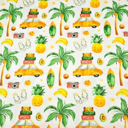 Baumwolle 100% Tropische Ferien gelb-grün auf weißem Hintergrund  