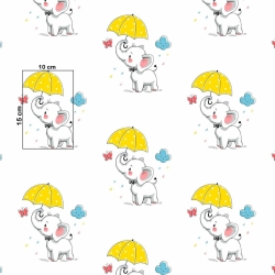 Baumwolle 100% Elefanten mit gelben Regenschirmen auf weißem Hintergrund  