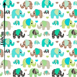 Baumwolle 100% indische Elefanten grün-braun auf weißem Hintergrund  