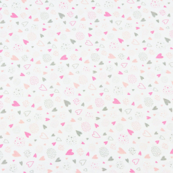Baumwolle 100% - MINI Herzen mit rosa-grauen Kugeln auf weißem Hintergrund  