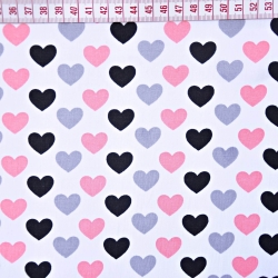 Baumwolle 100% Herzen 12mm grau-rosa-schwarz auf weißem Hintergrund  
