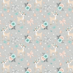 Baumwolle 100% Rehkitze mit Schleifen und Rosen auf grauem Hintergrund  