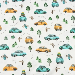 Baumwolle 100% türkis-orange Käfer auf weißem Hintergrund  