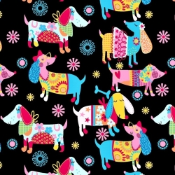 Baumwolle 100% bunte Hunde auf schwarzem Hintergrund  