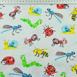 Baumwolle 100% Bunte Insekten und Schnecken auf grauem Hintergrund