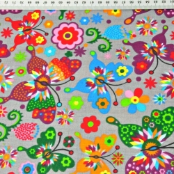 Baumwolle 100% Łowickie Schmetterlinge auf grauem Hintergrund  