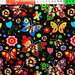 Baumwolle 100% Łowicz Schmetterlinge schwarzer Hintergrund  