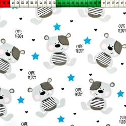 Baumwolle 100% Teddybären grau mit blauen Sternen auf weißem Hintergrund  