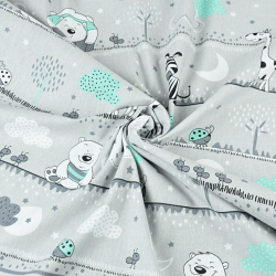 Baumwolle 100% Bären und Giraffen mintgrün gestreift auf grauem Hintergrund  