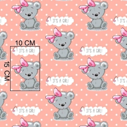 Baumwolle 100% Bären MÄDCHEN auf lachsfarbenem Hintergrund mit weißen Punkten  