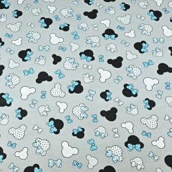 Baumwolle 100% - kleine schwarz-türkisfarbene Miki mit Schleife auf grauem Hintergrund  