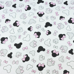 Baumwolle 100% - kleine schwarz-rosa Miki mit Schleife auf weißem Hintergrund  