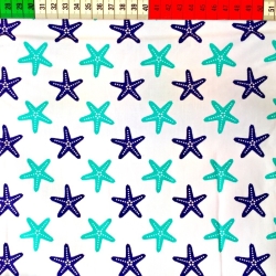 Baumwolle 100% Türkis-marineblaue Seesterne auf weißem Hintergrund  