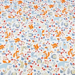 Baumwolle 100% Elche blau-orange mit Tieren auf der Wiese auf weißem Hintergrund  