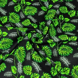 Baumwolle 100% - kleine grüne Monstera-Blätter auf schwarzem Hintergrund  