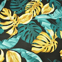 Baumwolle 100% Monstera- und Bananenblätter gold-türkis auf schwarzem Hintergrund  