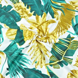 Baumwolle 100% große Blätter gold smaragdgrün auf weißem Hintergrund  
