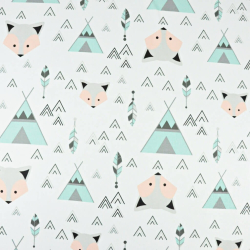 Baumwolle 100% Füchse mint-aprikose mit Tipi auf weißem Hintergrund  