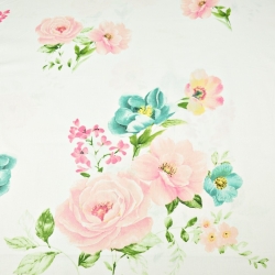 Baumwolle 100% Blumen rosa-türkisfarbene Rosen auf weißem Hintergrund  