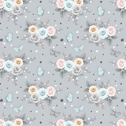 Baumwolle 100% Blumen Rosen pastellfarben mit Schmetterlingen auf grauem Hintergrund  