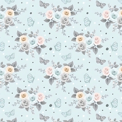 Baumwolle 100% Blumen Rosen pastellfarben mit Schmetterlingen auf mintfarbenem Hintergrund  