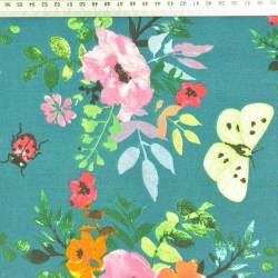 Baumwolle 100% Mohnblumen bunt mit Insekten auf meerblauem Hintergrund  