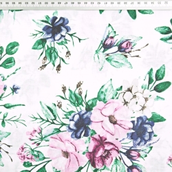 Baumwolle 100% rosa-dunkelblaue Blumensträuße mit grünen Blättern auf weißem Hintergrund  