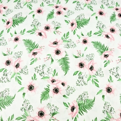 Baumwolle 100% Blumen Anemonen rosa-grün auf weißem Hintergrund  