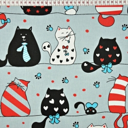 Baumwolle 100% verrückte Kätzchen in rot-türkisen Streifen auf grauem Hintergrund  