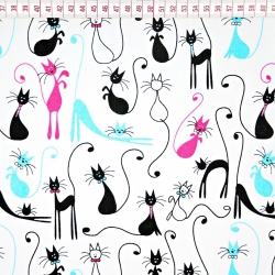 Baumwolle 100% Katzen Filemon rosa-blau auf weißem Hintergrund  