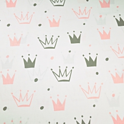 Baumwolle 100% Kronen mit Punkten grau-rosa auf weißem Hintergrund  