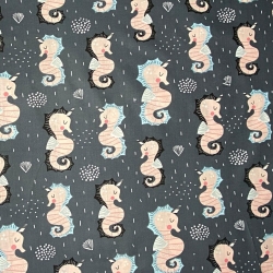 Baumwolle 100% Seepferdchen auf dunkelgrauem Hintergrund  