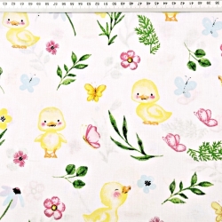 Baumwolle 100% gelbe Entchen mit Blumen auf weißem Hintergrund  