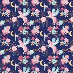 100% Baumwolle rosa Einhörner mit Kolibris auf navy Hintergrund  