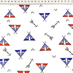 Baumwolle 100% indianische MINI Pfeile und Tipis rot-blau auf weißem Hintergrund  