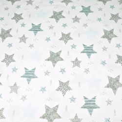 Baumwolle 100% gemusterte Sterne blau-grau auf weißem Hintergrund  