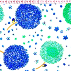 Baumwolle 100% Pusteblumen grün-blau auf weißem Hintergrund  