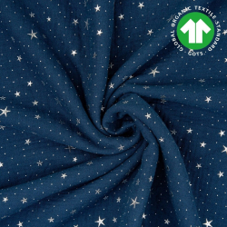 Baumwolle Musselin Double Gauze marineblau (Poseidon) mit silbernen Sternen  