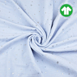 Baumwoll-Musselin double gauze himmelblau (Sky way) mit silbernen Sternen  