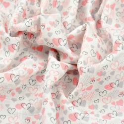Baumwolle Musselin rosa-graue Herzchen auf weißem Hintergrund  