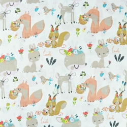 Musselin Baumwolle Rehe mit Eichhörnchen und Füchsen auf weißem Hintergrund  