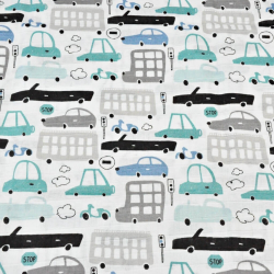 Baumwoll-Musselin grau-türkisfarbene Autos auf weißem Hintergrund  