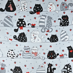 Baumwoll-Musselin verrückte Katzen mit roten Streifen auf grauem Hintergrund  