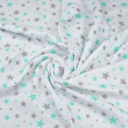 Baumwoll-Musselin mit grau-mintfarbenen Sternen auf weißem Hintergrund  