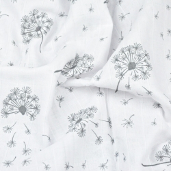 Baumwoll-Musselin Löwenzahn grau auf weißem Hintergrund  