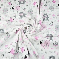 Flanell Tiere auf der Wiese rosa-grau auf weißem Hintergrund  