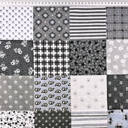 Flanell Patchwork Blumen grau-blau  