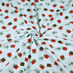 Jersey-Stoff grün-rote Geschenke auf hellblauem Hintergrund  